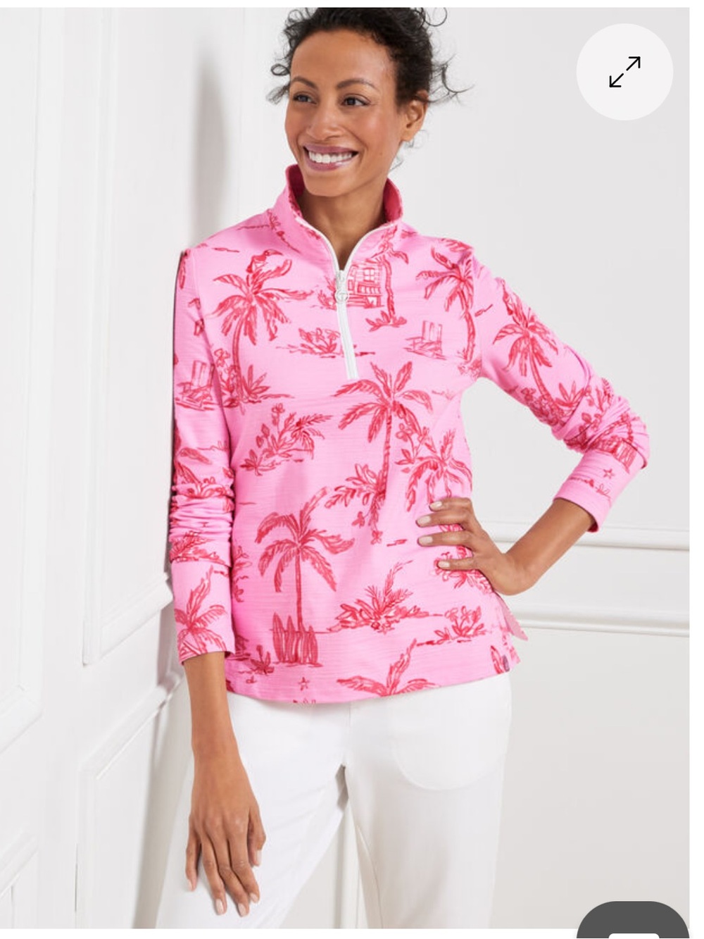 T by Talbots UPF 50+ Pink Tropical Palm Print Quarter Zip Top Women's Large